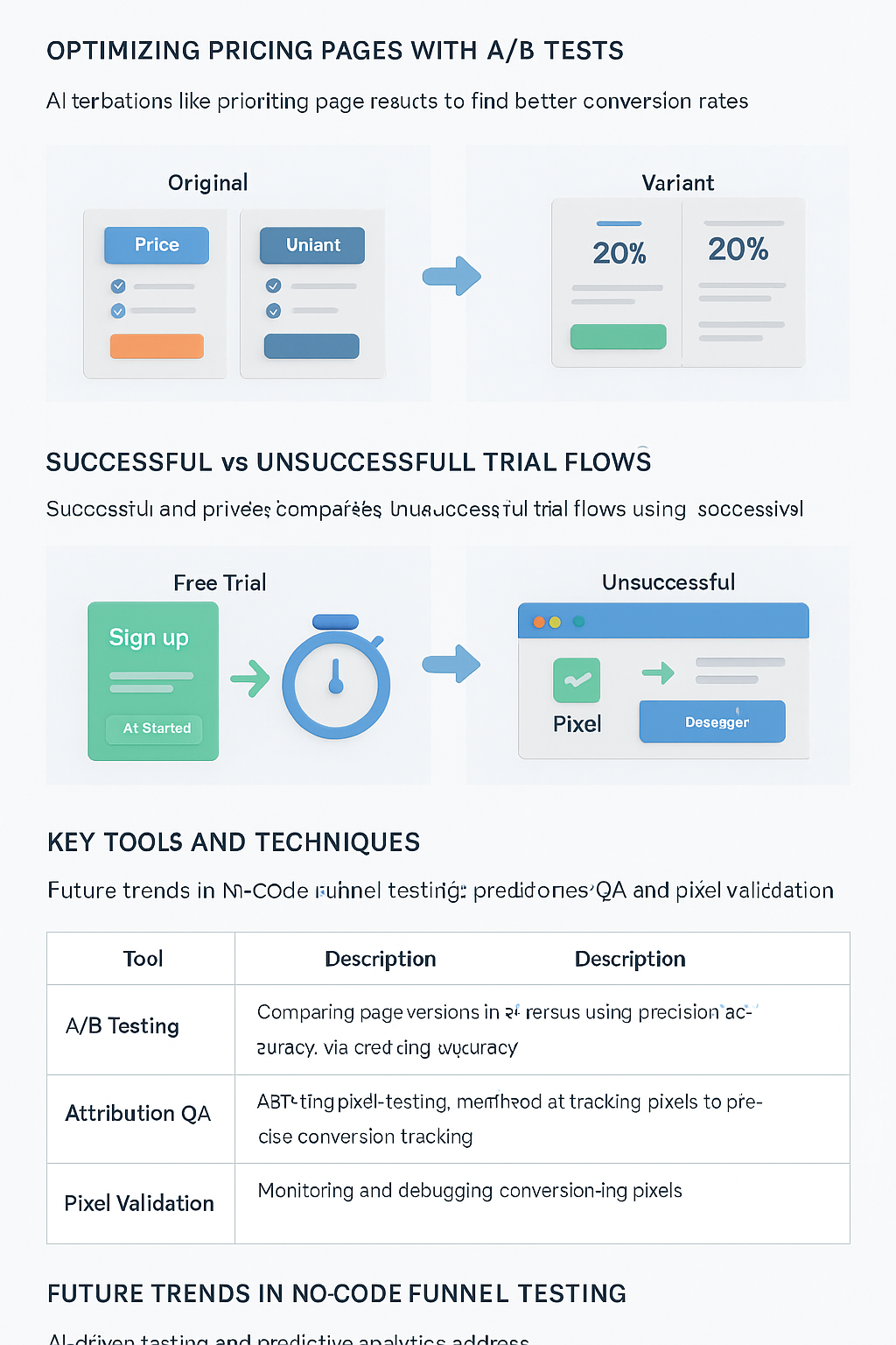 Flat illustration showing A/B testing and pixel validation across pricing pages, trials, and paywalls.