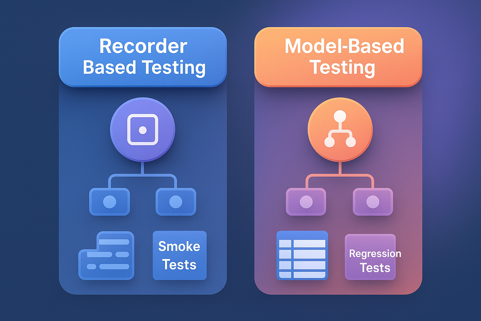 3D gradient infographic comparing recorder-based vs. model-based no-code testing for smoke and regression workflows.